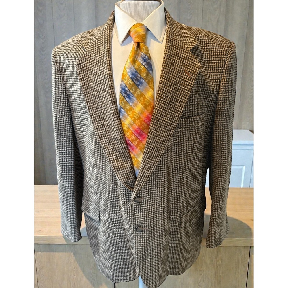 Vintage TownCraft‎ Tweed Sport Coat Brown Houndstooth Jacket 48R Wool Silk Poly